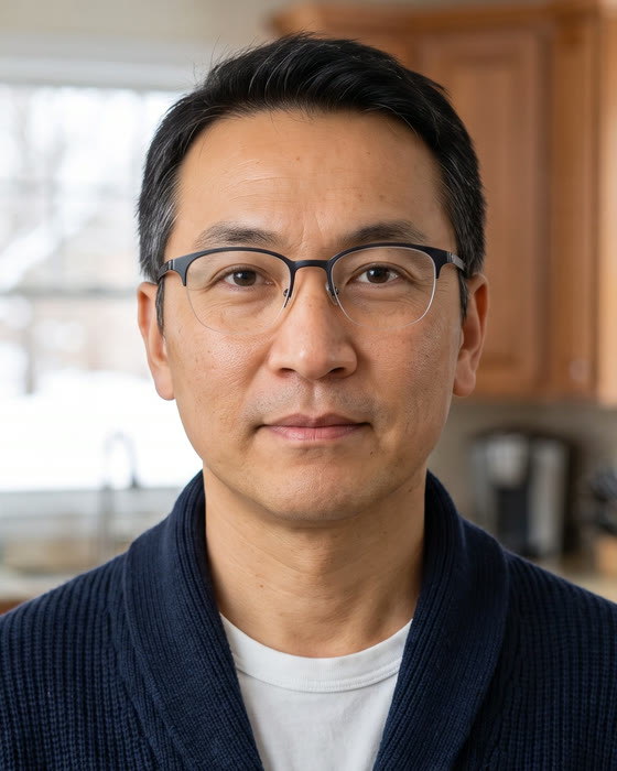 Hiro Endo in his kitchen in Minnesota, in a navy cardigan and glasses, snow in the window behind him.