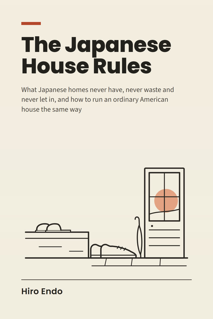 The cover of The Japanese House Rules by Hiro Endo: house slippers on the step inside a front door, outdoor shoes below it facing the door.