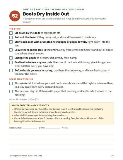 The printable sheet for Rule 52, Boots Dry Inside Out: the steps and the weekend plan with tick boxes, the time and cost, a safety box and lines for notes.
