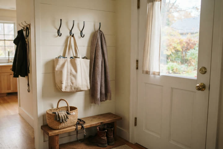 Iron hooks on a white wall beside a back door, holding a canvas tote and a scarf, with a basket of gloves on a bench below.