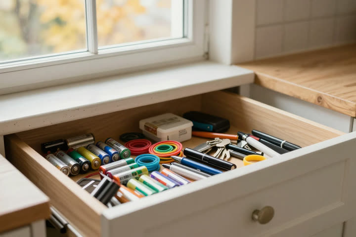 An open kitchen drawer with batteries, pens, keys, tape and rubber bands laid out in rows.