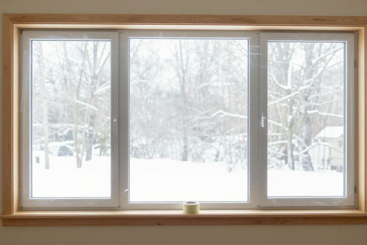 A wide window covered on the inside with clear insulation film, snow and bare trees outside, a roll of tape on the sill.